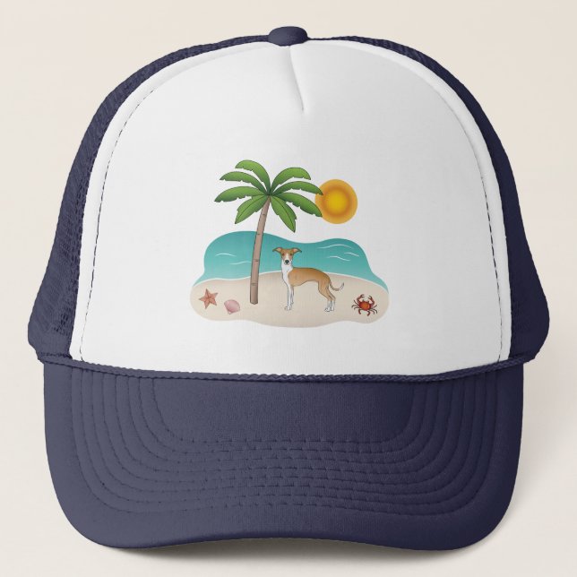 Fawn And White Iggy Dog At A Tropical Summer Beach Trucker Hat (Front)