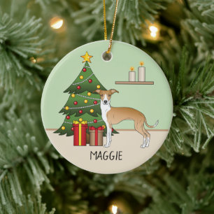 Fawn And White Italian Greyhound & Christmas Tree Ceramic Tree Decoration