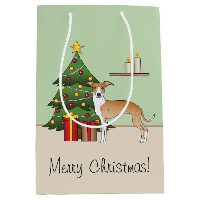 Fawn And White Italian Greyhound & Christmas Tree Medium Gift Bag (Front)