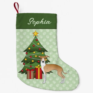Fawn And White Italian Greyhound & Christmas Tree Small Christmas Stocking