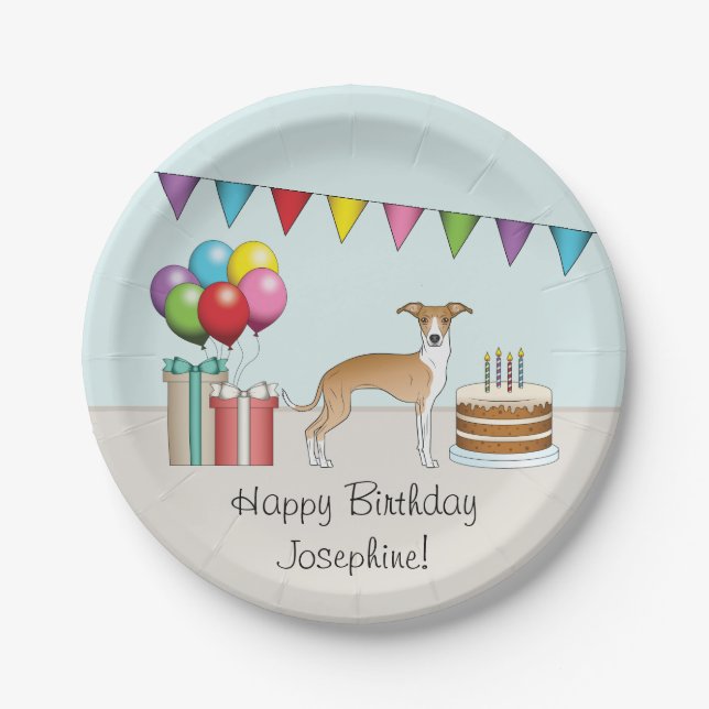 Fawn And White Italian Greyhound Colorful Birthday Paper Plate (Front)