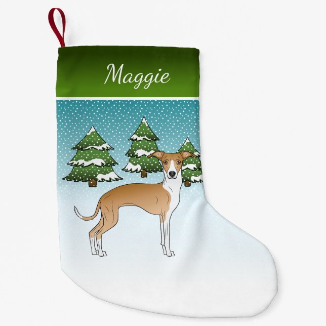 Fawn And White Italian Greyhound In Winter Forest Small Christmas Stocking (Front)