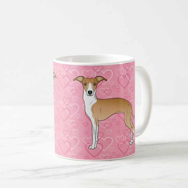 Fawn And White Italian Greyhound On Pink Hearts Coffee Mug (Front Right)