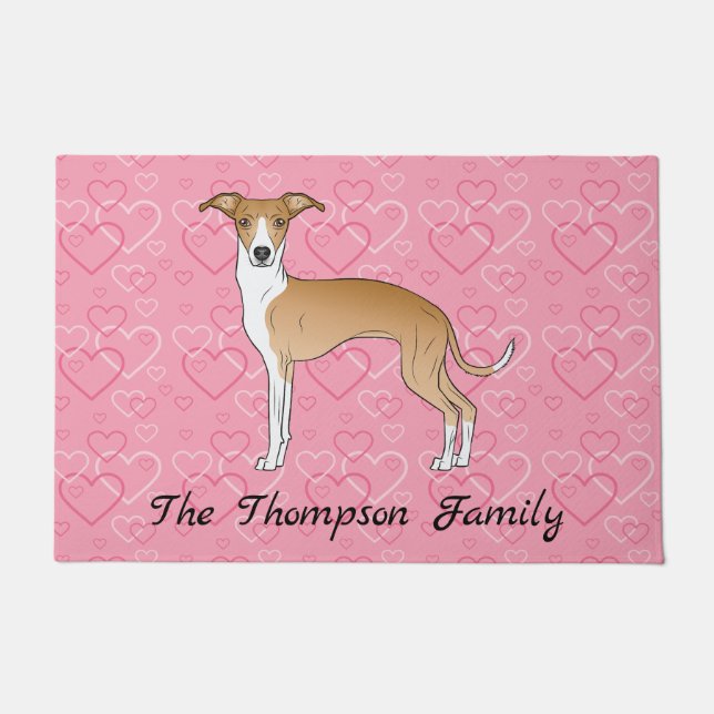 Fawn And White Italian Greyhound On Pink Hearts Doormat (Front)