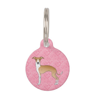 Fawn And White Italian Greyhound On Pink Hearts Pet Tag