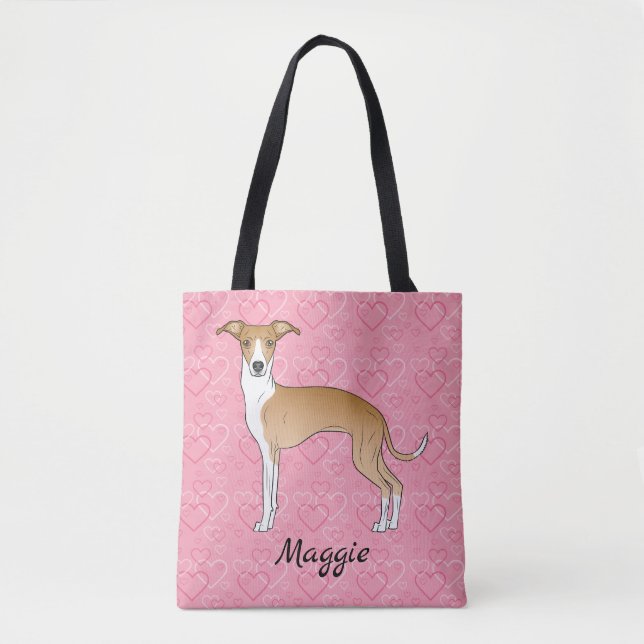 Fawn And White Italian Greyhound On Pink Hearts Tote Bag (Front)