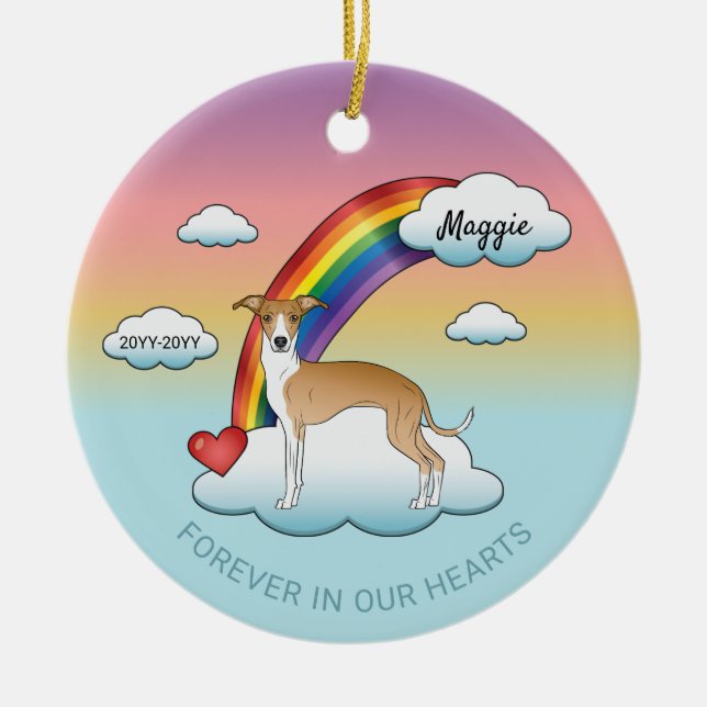 Fawn And White Italian Greyhound Rainbow Memorial Ceramic Tree Decoration (Front)