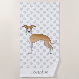 Fawn And White Italian Greyhound With Custom Name Beach Towel