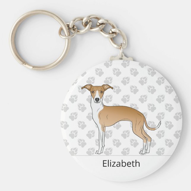 Fawn And White Italian Greyhound With Custom Name Key Ring (Front)