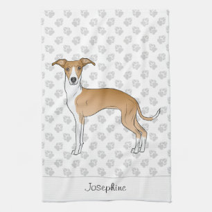Fawn And White Italian Greyhound With Custom Name Tea Towel