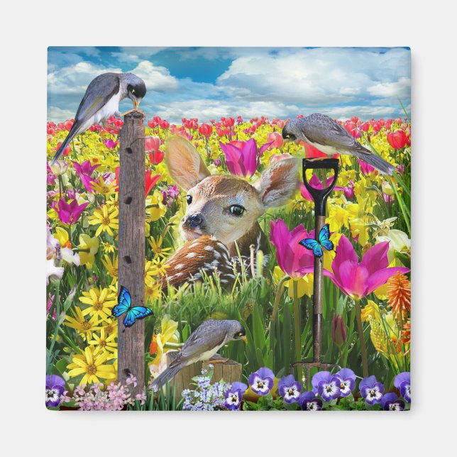 Fawn Birds Field of Flowers Magnet (Front)