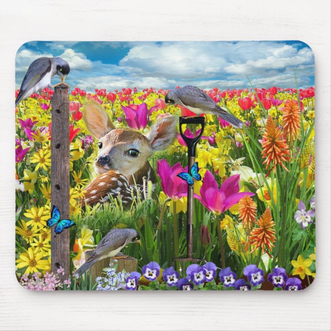 Fawn Birds Field of Flowers Mouse Mat (Front)