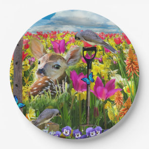 Fawn Birds Field of Flowers Paper Plate