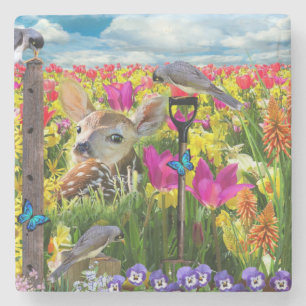 Fawn Birds Field of Flowers Stone Coaster