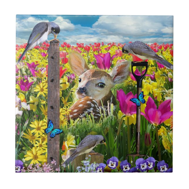 Fawn Birds Field of Flowers Tile (Front)