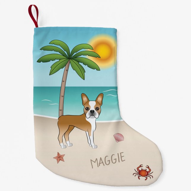 Fawn Boston Terrier At A Tropical Summer Beach Small Christmas Stocking (Front)