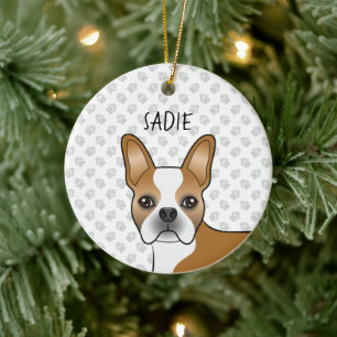 Fawn Boston Terrier Cartoon Dog & Custom Name Ceramic Tree Decoration