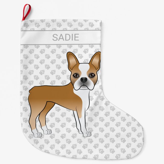 Fawn Boston Terrier Cartoon Dog & Custom Name Large Christmas Stocking (Front)