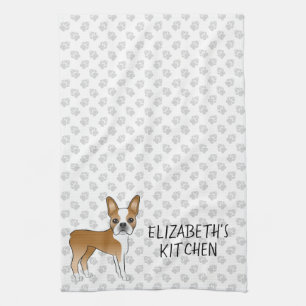 Fawn Boston Terrier Cartoon Dog & Custom Text Tea Towel