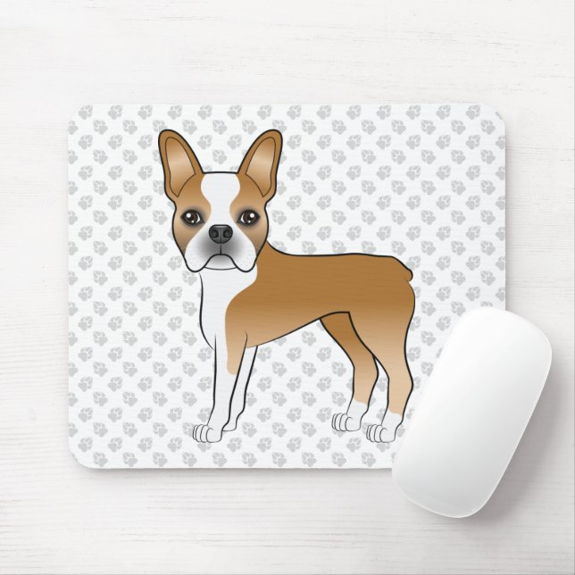 Fawn Boston Terrier Cartoon Dog & Grey Paws Mouse Mat (With Mouse)