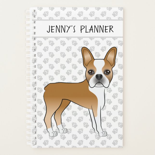 Fawn Boston Terrier Cute Cartoon Dog & Custom Text Planner (Front)