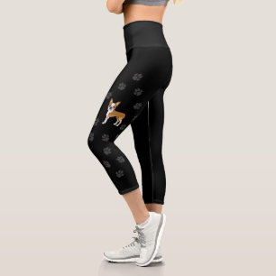Fawn Boston Terrier Cute Cartoon Dog & Paws Black Capri Leggings