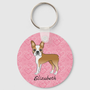 Fawn Boston Terrier Dog On Pink Hearts And Name Key Ring