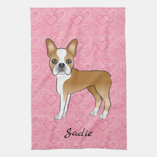 Fawn Boston Terrier Dog On Pink Hearts And Name Tea Towel