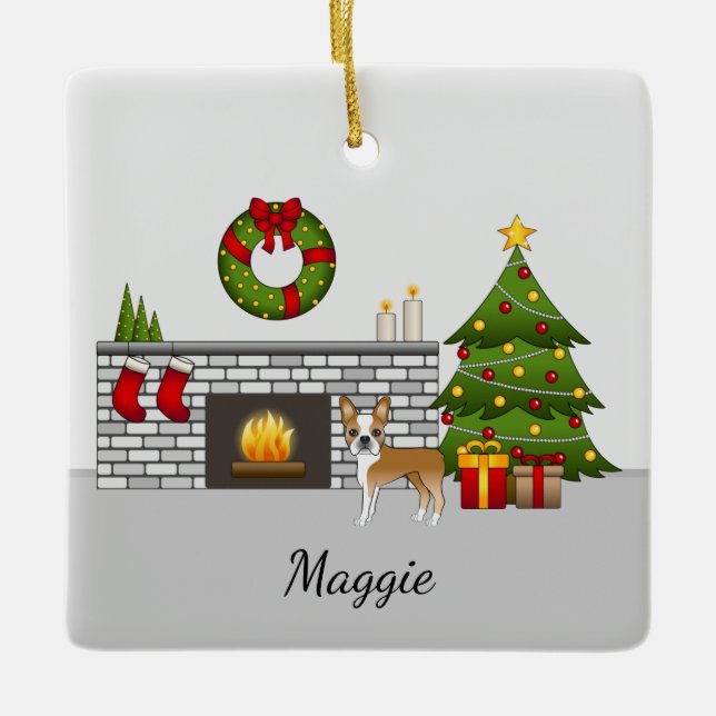 Fawn Boston Terrier In A Festive Christmas Room Ceramic Ornament (Front)