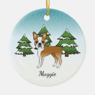 Fawn Boston Terrier In A Winter Forest & Name Ceramic Tree Decoration