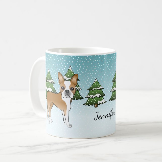 Fawn Boston Terrier In A Winter Forest & Name Coffee Mug (Front Left)
