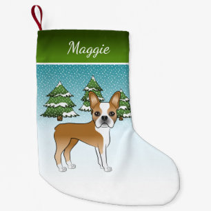 Fawn Boston Terrier In A Winter Forest & Name Small Christmas Stocking