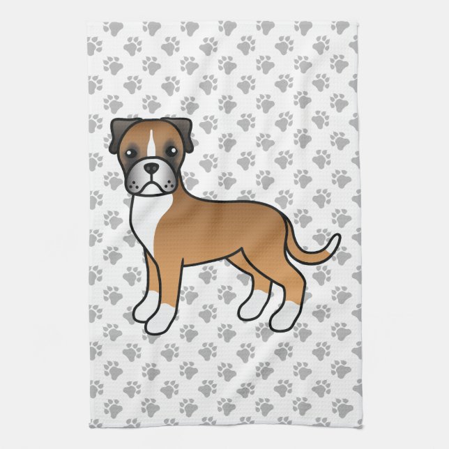 Fawn Boxer Cute Cartoon Dog & Paws Tea Towel (Vertical)
