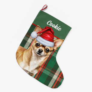 Fawn Chihuahua Dog Holiday Plaid Personalised Large Christmas Stocking