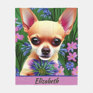 Fawn Chihuahua Puppy in Flower Meadow Personalised Fleece Blanket