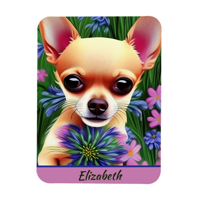 Fawn Chihuahua Puppy in Flower Meadow Personalised Magnet (Vertical)