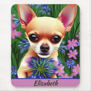 Fawn Chihuahua Puppy in Flower Meadow Personalised Mouse Mat