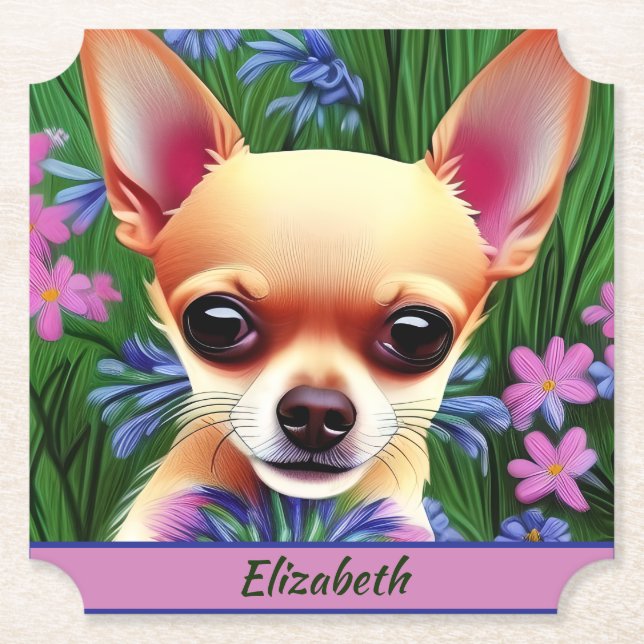 Fawn Chihuahua Puppy in Flower Meadow Personalised Paper Coaster (Front)