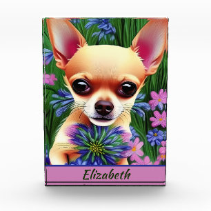 Fawn Chihuahua Puppy in Flower Meadow Personalised Photo Block