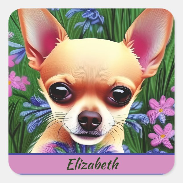 Fawn Chihuahua Puppy in Flower Meadow Personalised Square Sticker (Front)
