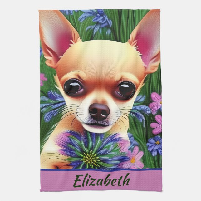 Fawn Chihuahua Puppy in Flower Meadow Personalised Tea Towel (Vertical)