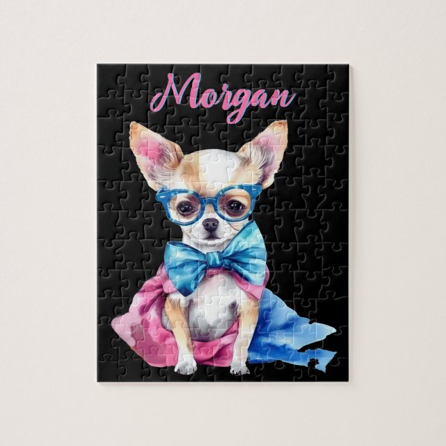 Fawn Chihuahua Puppy Wearing Glasses w/ Name Jigsaw Puzzle (Vertical)