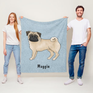 Fawn Coat Colour Pug Dog With Custom Name Blue Fleece Blanket