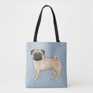 Fawn Colour Cute Pug Mops Cartoon Dog Breed Blue Tote Bag
