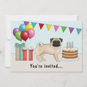 Fawn Colour Pug Cute Cartoon Dog Colourful Birthda Invitation