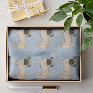 Fawn Colour Pug Mops Dog Breed Pattern On Blue Tissue Paper