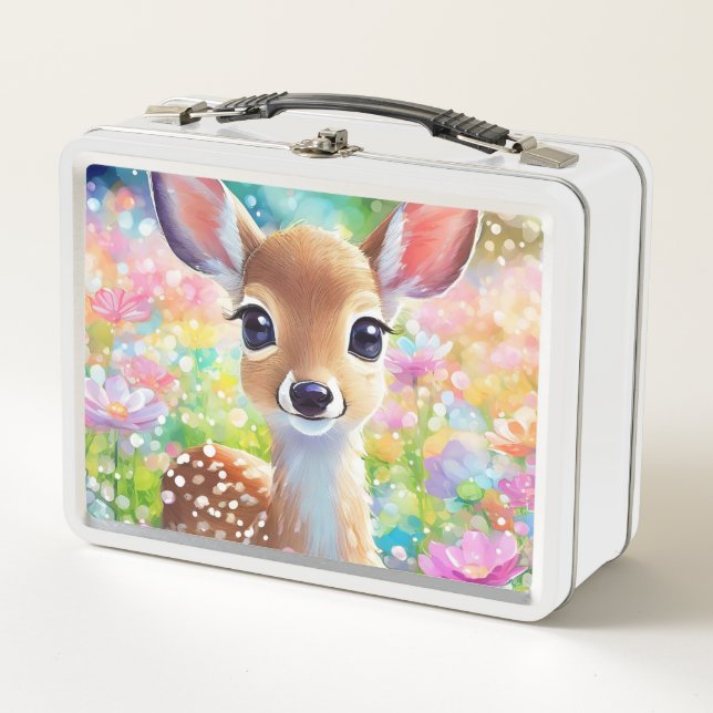 Fawn Cute Deer Animal in the Flower Meadow    Metal Lunch Box (Front)