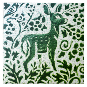 Fawn Deer Batik Modern Green Blue Floral Woodland Tile