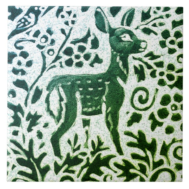 Fawn Deer Batik Modern Green Blue Floral Woodland Tile (Front)