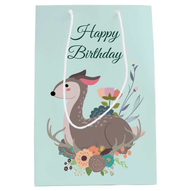 Fawn Deer Floral Birthday Personalised Medium Gift Bag (Front)